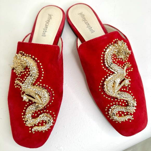 Stunning red suede slides with gold dragon detail - Picture 2 of 8